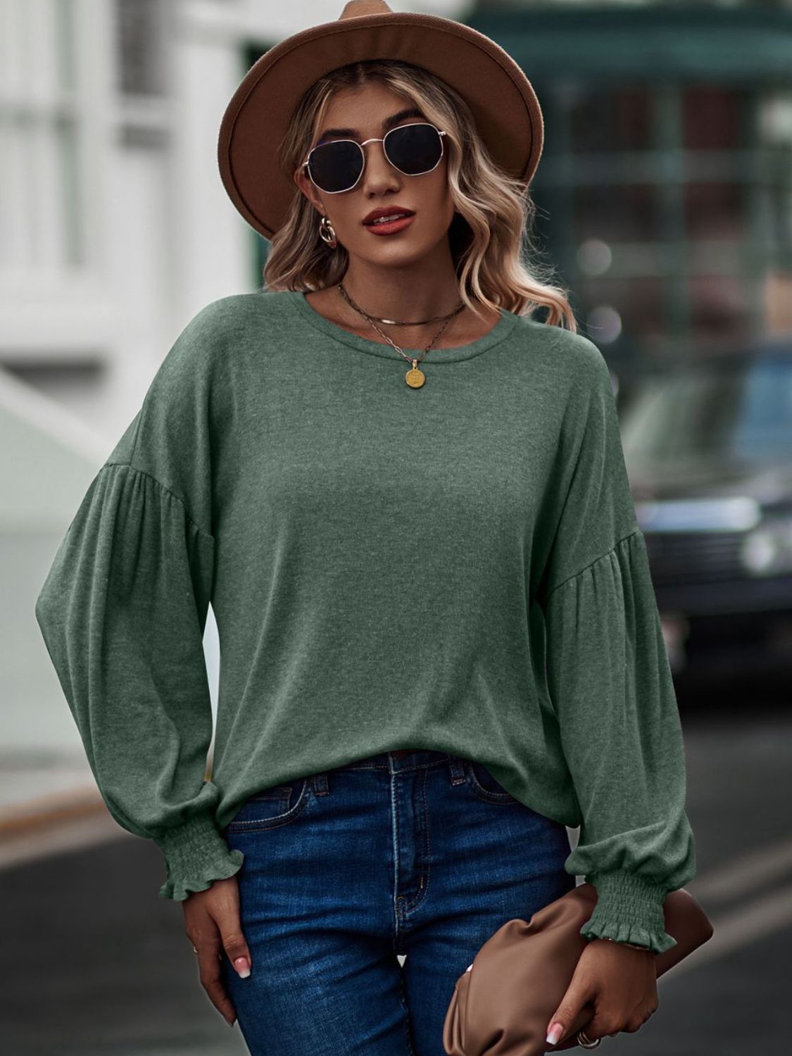 Round Neck Dropped Shoulder Flounce Sleeve T-Shirt