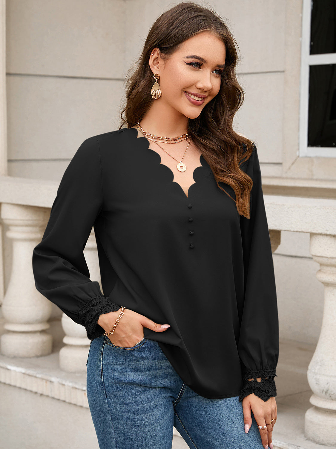 V-Neck Long Sleeve Blouse