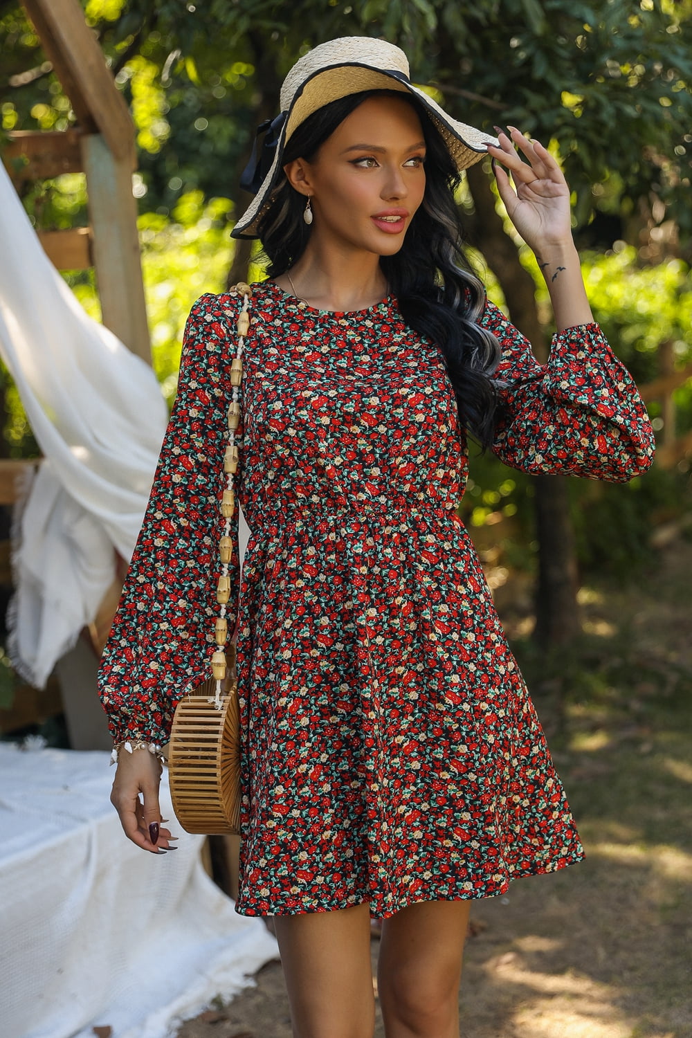 Printed Round Neck Long Sleeve Mini Dress