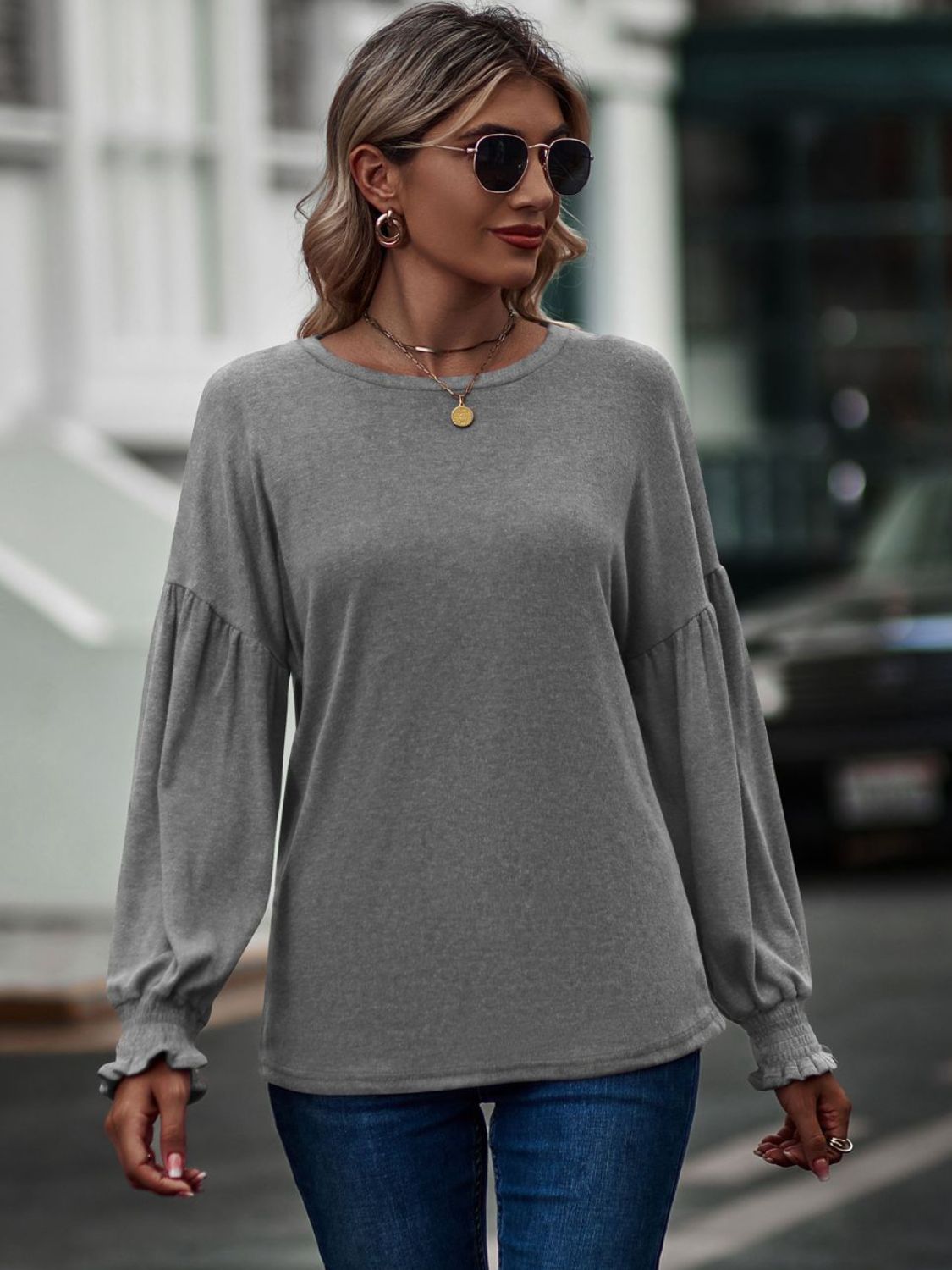 Round Neck Dropped Shoulder Flounce Sleeve T-Shirt